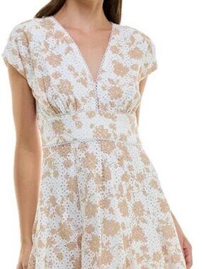 NWT Taylor Floral Print Cotton Eyelet Mini Dress in White and Tan. Size 12